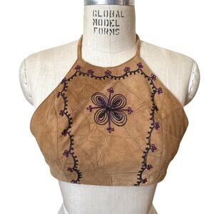 Vintage 90s Passport Brown Suede Patchwork Embroidered Halter Crop Top Sz Small